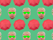 Repeating pattern of a man's face with bright green sunglasses and red umbrellas on a green background, used as decorative editorial art.