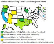 US map showing methods for replacing Senate vacancies as of January 2009, color-coded by state policy including special elections and gubernatorial appointments.