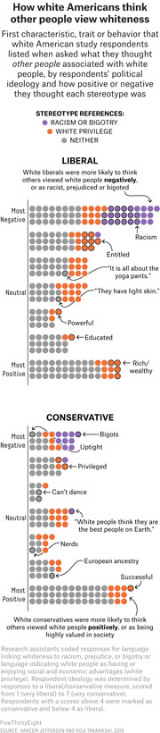Dot-grid infographic showing how white liberal and conservative Americans think others view whiteness, coded by stereotype type across a negative-to-positive scale.