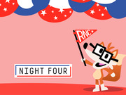 Cartoon fox mascot wearing glasses and holding an RNC pennant flag, with red white and blue balloons, labeled Night Four.