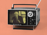 Editorial illustration of a politician appearing on a vintage Sony portable television set against an orange background.