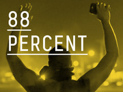 Yellow-tinted editorial graphic showing a person with hands raised overlaid with large white text reading 88 PERCENT.