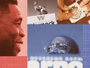 Editorial collage featuring photos of Georgia Senate candidates Herschel Walker and Raphael Warnock alongside a Georgia voter sticker, tinted in red and blue.