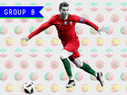 Editorial illustration for the 2018 World Cup Group B featuring a soccer player in Portugal kit against a background of flag-decorated balls for Spain, Morocco, Iran, and Portugal.