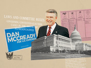 Editorial collage illustration featuring a politician, the US Capitol, a campaign sign for Dan McCready, a vintage ballot, and text about contested-election laws.