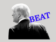 Black and white photo illustration of a figure seen from behind with the word BEAT in large blue bold text overlaid, suggesting an editorial about defeating Trump.
