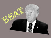 Editorial illustration showing a black-and-white photo of Donald Trump at a microphone with the word BEAT in large yellow decorative lettering beside him.