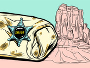 Editorial illustration of a burrito wearing a sheriff badge in front of a desert mesa landscape.