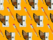 Repeating pattern of yellow pencils and metal pencil sharpeners with wood shavings on an orange background.