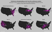 Six US maps showing the geographic centers of top men's college basketball conferences and the locations of their 2018 tournament sites, illustrating how far tournaments are held from conference centers.