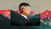 Editorial collage illustration of a man in profile wearing a suit and red tie, set against a dramatic mountain landscape with red-tinted peaks.