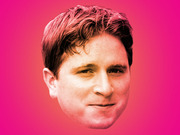 Stylized editorial illustration of a young man's face with a pink and red duotone color treatment on a bright pink background.