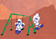 Editorial illustration of two astronauts in spacesuits playing on a green swing set on the red surface of Mars with rocky terrain in the background.