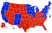 US electoral map showing states colored red or blue with electoral vote counts labeled in each state
