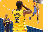 Editorial photo collage of Indiana Pacers player Roy Hibbert number 55 in multiple action poses against a yellow and blue graphic background.
