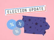 Editorial illustration showing an Election Update banner with the silhouette of Iowa decorated with stars and three blue circles with percent signs on a pink background.