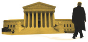 Editorial illustration showing a silhouetted figure resembling Donald Trump walking toward a golden-toned U.S. Supreme Court building with Equal Justice Under Law inscription.