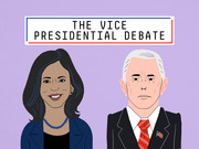Editorial illustration of Kamala Harris and Mike Pence facing each other beneath a title banner reading The Vice Presidential Debate.