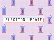 Decorative editorial illustration showing repeated debate podiums with microphones on a lavender grid background, with an Election Update title banner.