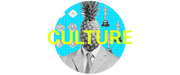 Collage illustration of a suited figure with a pineapple head surrounded by dice and Oscar statuettes on a cyan grid background, with the word CULTURE in yellow.