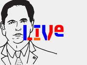 Line drawing illustration of a man in a suit and tie next to the word LIVE in bold red and blue letters with an orange accent.