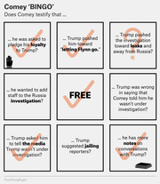 A bingo card graphic titled Comey BINGO showing nine squares with yes/no questions about what Comey might testify, with checkmarks on confirmed items.
