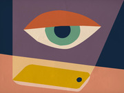Abstract geometric illustration of a large stylized eye above a yellow price tag, suggesting surveillance or pricing themes.