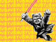 An Ewok from Star Wars wielding a pink lightsaber on an orange background covered in repeating yellow YUB NUB text.