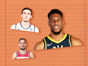 Editorial collage of three NBA players cut out against an orange lined-paper background, featuring players in Knicks, Pacers, and Wizards uniforms.