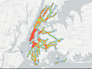 Heat map of New York City showing density of activity along streets and transit corridors, with red hotspots concentrated in Manhattan, the Bronx, Brooklyn, and Queens.