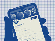 Stylized blue-tinted editorial illustration of a hand holding a smartphone displaying Elon Musk's Twitter profile, set against a grid background.