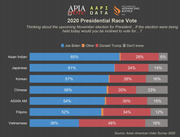 Stacked bar chart showing 2020 presidential race vote preferences among Asian American subgroups, comparing Biden, Trump, Other, and Don't know percentages.