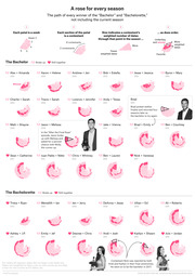 Radial petal chart infographic showing the path of every winner of The Bachelor and Bachelorette, with each petal representing a week and sections showing contestants' weighted dates.