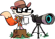 Cartoon fox mascot wearing a hat and glasses, holding a pencil and notepad while standing on a tree stump next to a telescope on a tripod.
