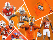 Editorial collage of orange-uniformed college football teams including Miami, Tennessee, Syracuse, Florida, Clemson, Texas, and Oklahoma State on an orange background.