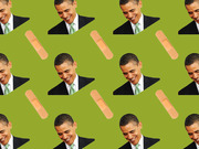 Repeating pattern of Barack Obama's smiling face and band-aids on a green background, used as editorial illustration.