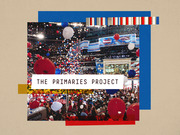 Editorial collage illustration for The Primaries Project featuring photos of a political convention with balloons and crowds overlaid with geometric color blocks.