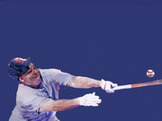 Stylized watercolor-style illustration of a baseball batter swinging at a pitch against a dark blue background.