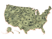 Illustration of the United States map filled with overlapping US dollar bills of various denominations as a decorative editorial image.
