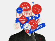 Editorial illustration of a suited figure with face obscured by red, white, and blue approval stamps, badges, and seals reading USA, Approved, Candidate, and Number 1.