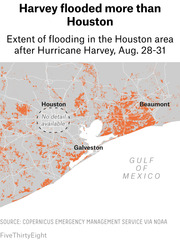 Map showing the extent of Hurricane Harvey flooding in the Houston area from August 28-31, with flooded areas highlighted in orange across Houston, Beaumont, and Galveston.