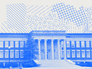 Blue-tinted editorial illustration combining a photo of the Dudley Memorial Building with abstract geometric patterns including grids, dots, and lines in the background.