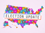 Colorful editorial illustration of a US map covered in multicolored circles with percent signs, overlaid with the text Election Update in a bold banner.