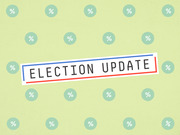 Decorative editorial illustration with the text Election Update in a red and blue bordered label on a green background with percent sign icons.