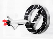 Collage-style editorial illustration of a space shuttle with red flame exhaust flying through a large black-and-white circular ring or zero shape.