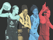 Color-tinted editorial composite of four WNBA basketball players in their team uniforms against a dark background.