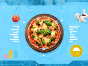 Editorial illustration showing a pizza on a wooden board centered on a blue tech-themed background with decorative UI elements, a tomato, mushrooms, and abstract bar chart shapes.