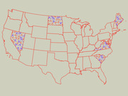 US map with red and blue arrow symbols overlaid on select states including Nevada, North Dakota, Virginia, South Carolina, and northeastern states.