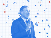 Blue-tinted editorial illustration of a smiling man holding a microphone, surrounded by red and blue stars on a grid background.