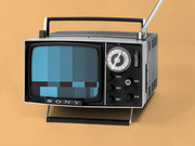 Vintage Sony portable television with antenna showing a pixelated blue test pattern screen, photographed against an orange background.